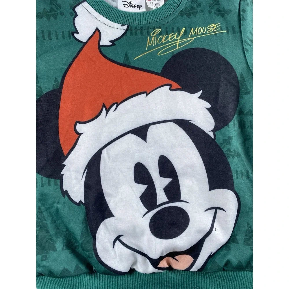Disney PatPat Mickey Mouse Christmas Green Sweatshirt Santa Hat Toddler 3-4Y NEW